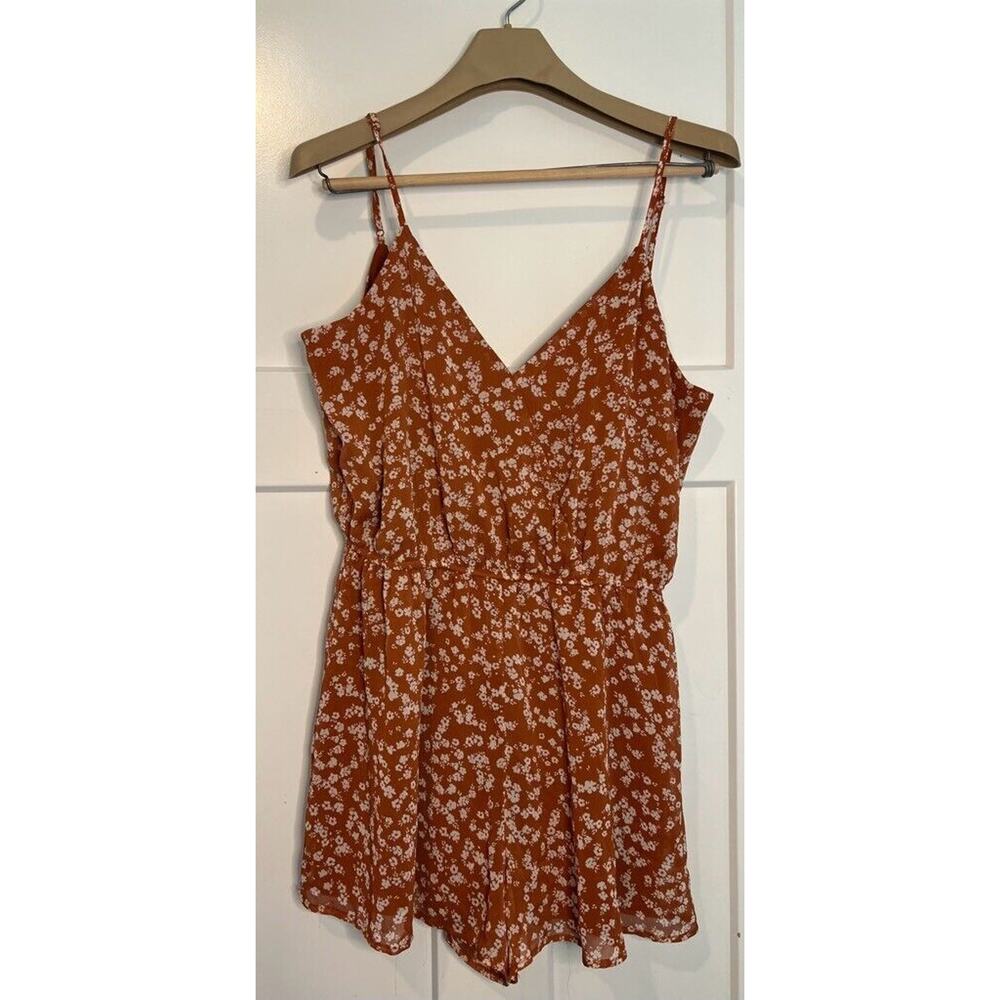 Daytrip Womens Romper Playsuit Rust Floral Lined V Neck Spaghetti Strap Short L